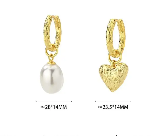 Pendientes de plata de ley perla y corazón chapado en oro 18k